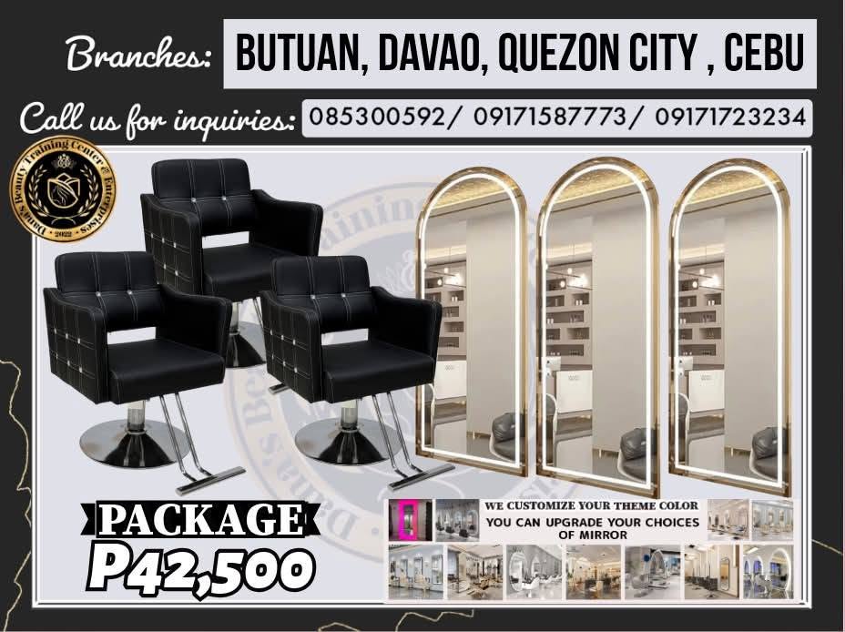 Package 11 minimalist styling set with black tufted chairs and LED mirrors