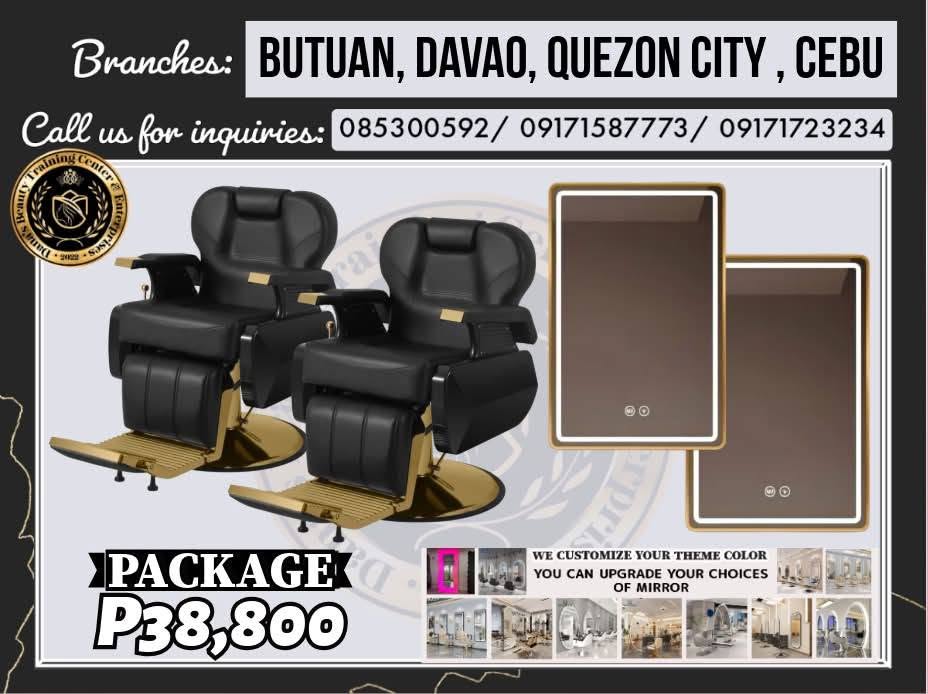 Package 14 compact barber set with gold-accented reclining chairs and LED mirrors