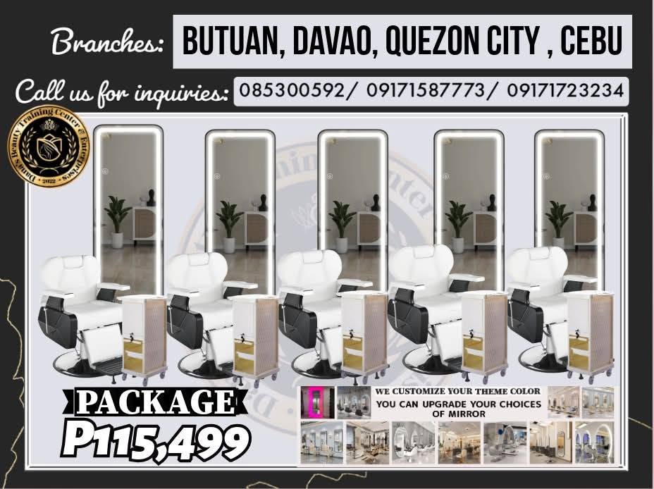 Package 16 salon station with illuminated mirrors, reclining chairs and white trolleys