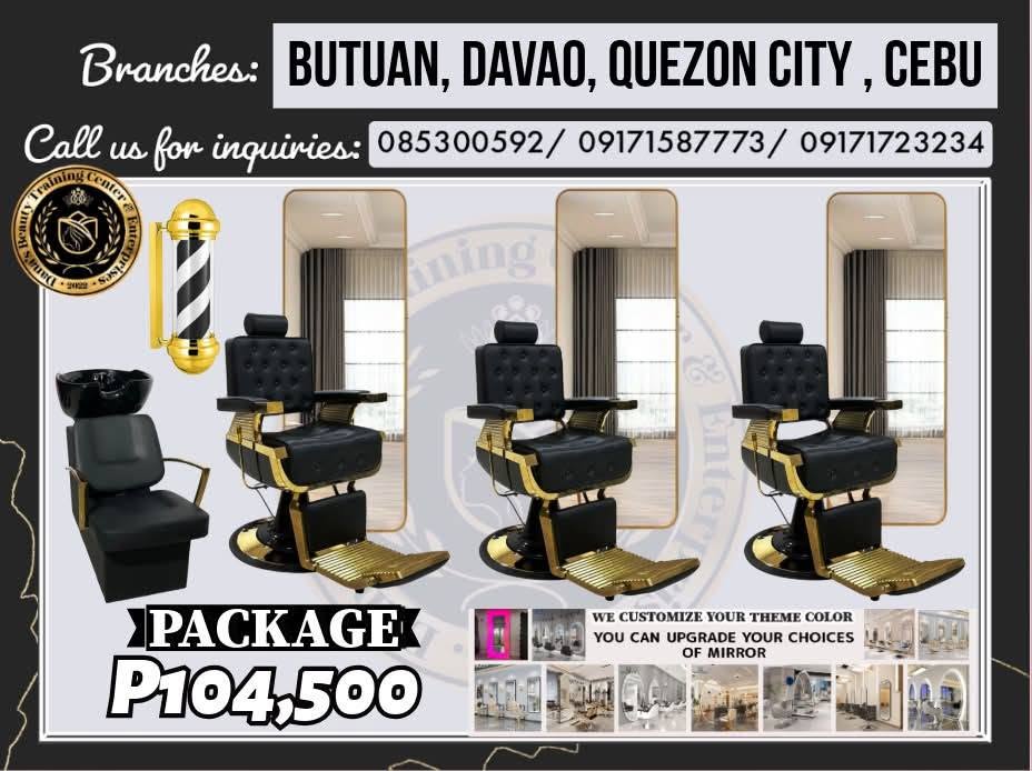 Package 18 luxury barber shop with gold-accented chairs, LED mirrors and barber pole