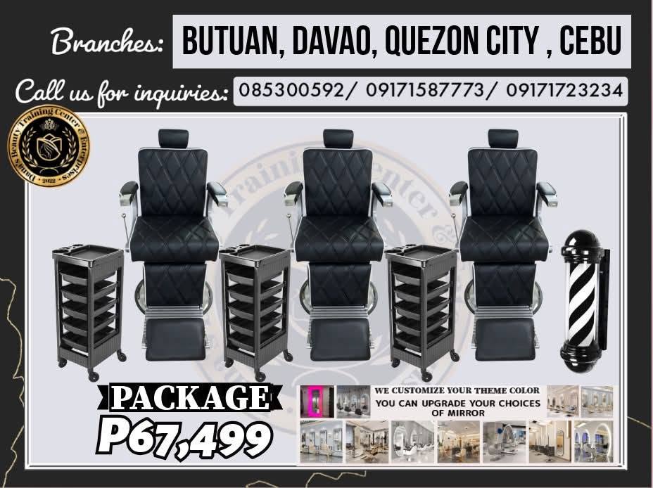 Package 6 barber set with reclining chairs, storage trolleys and barber pole