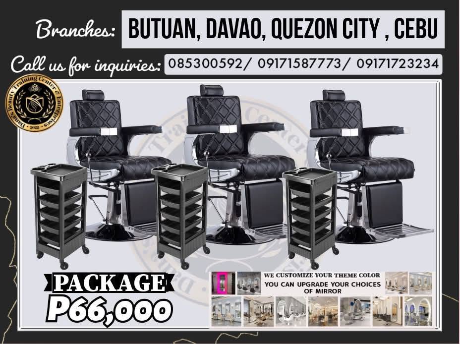 Package 8 classic barber station with diamond-stitched reclining chairs