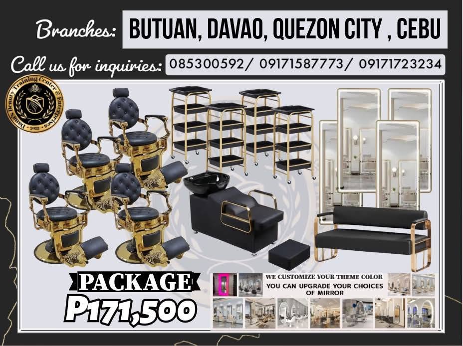 Package 9 luxury salon lounge set with gold-accented barber chairs